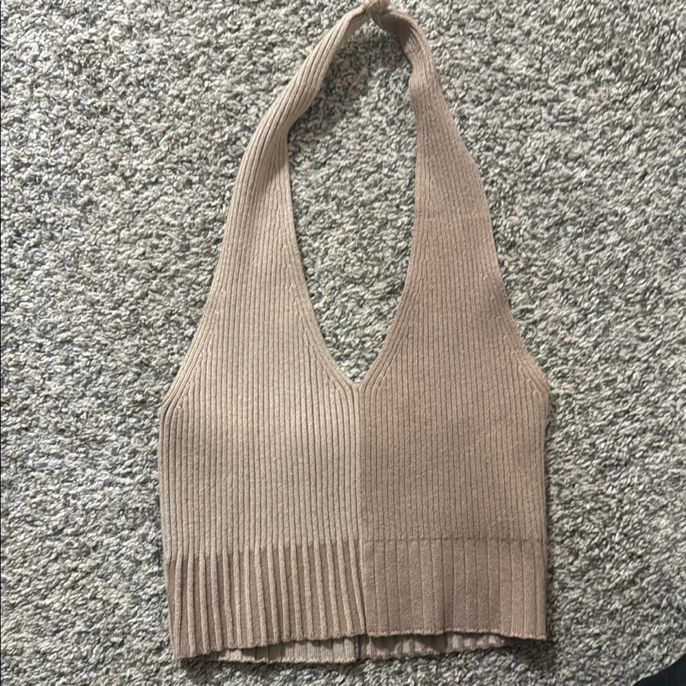 Elegant Tan Ribbed Halter Top